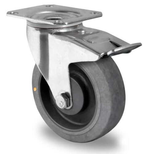 With plate fastening castor, with brake, galvanized sheet steel fork with a double ball bearing, inner part of wheel made of polypropylene, antistatic and tread thermoplastic rubber, antistatic TBP25WC100P2D2B32A