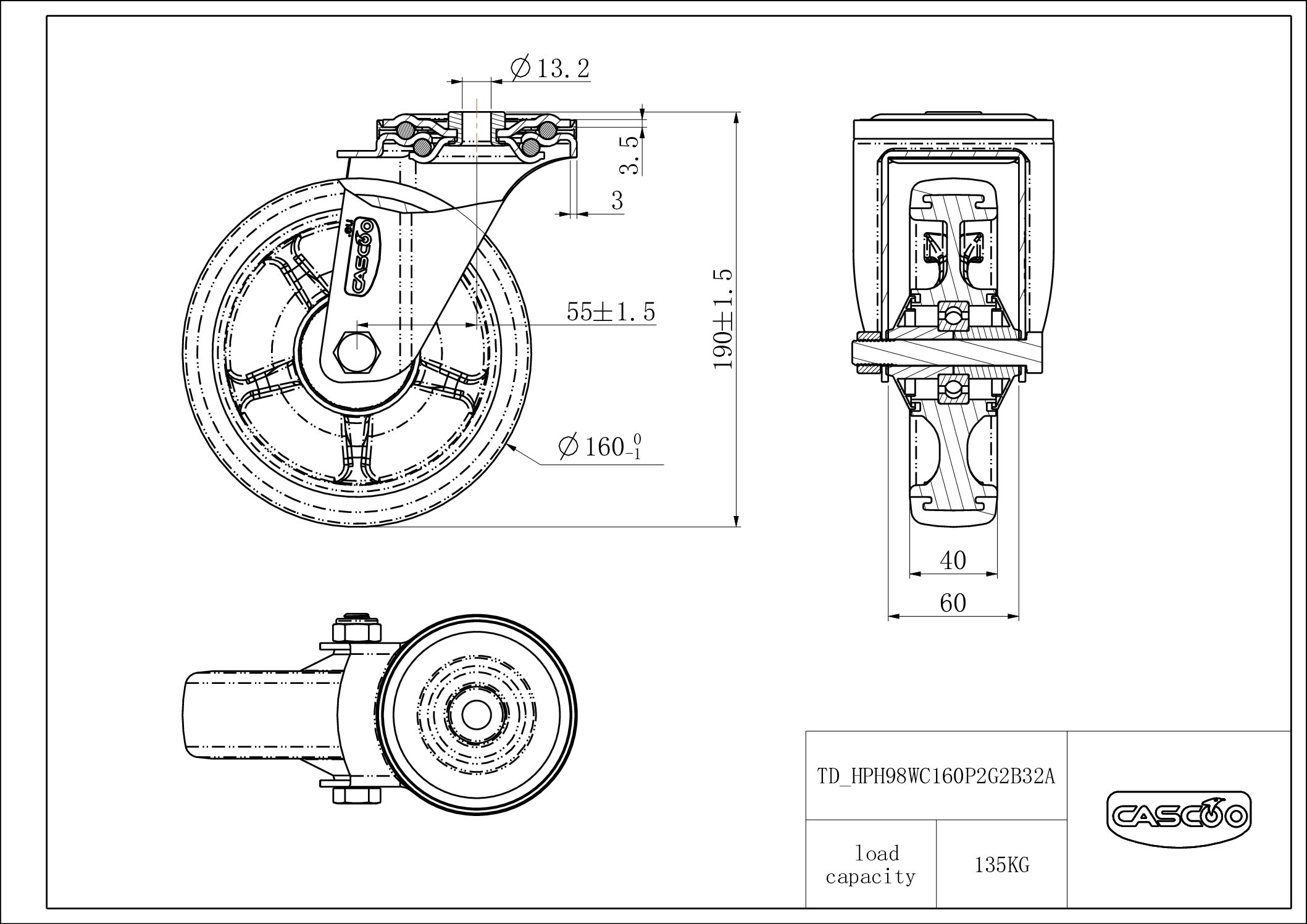 HPH98WC160P2G2B32A_drawing Castor HPH98WC160P2G2B32A